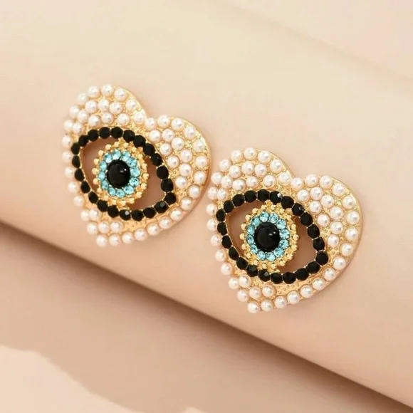 Heart-Shaped Evil Eye Pearl Earrings; NWOT - Picture 3 of 3
